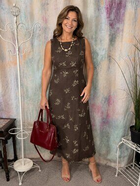 VTG 📌John Roberts Timeless Fitted Linen Blend Midi Sleeveless Dress